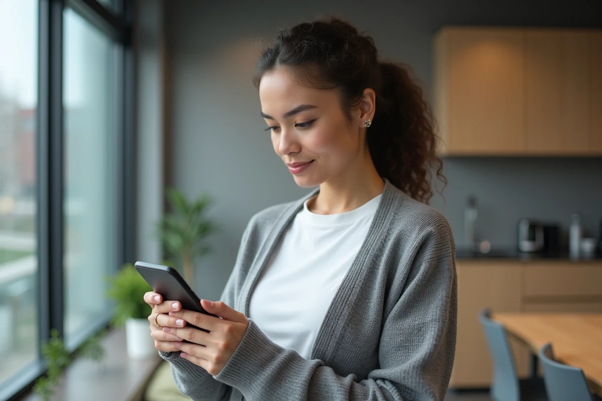 Employée accédant à sa box RH La Poste depuis un smartphone en salle de pause