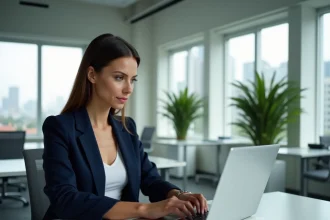 Femme professionnelle utilisant une interface de suivi logistique La Poste sur ordinateur portable dans un bureau moderne