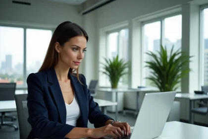 Femme professionnelle utilisant une interface de suivi logistique La Poste sur ordinateur portable dans un bureau moderne