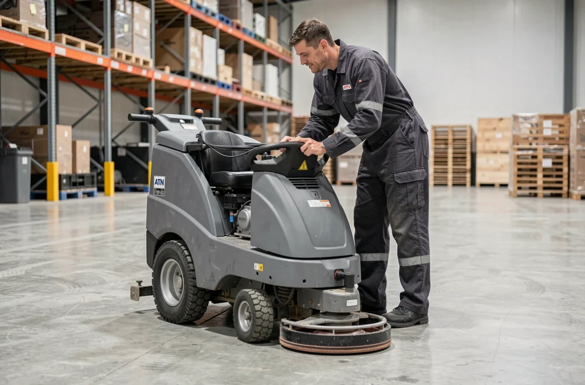 Technicien ATN Action Technique Nettoyage utilisant une autolaveuse industrielle dans un entrepôt normand