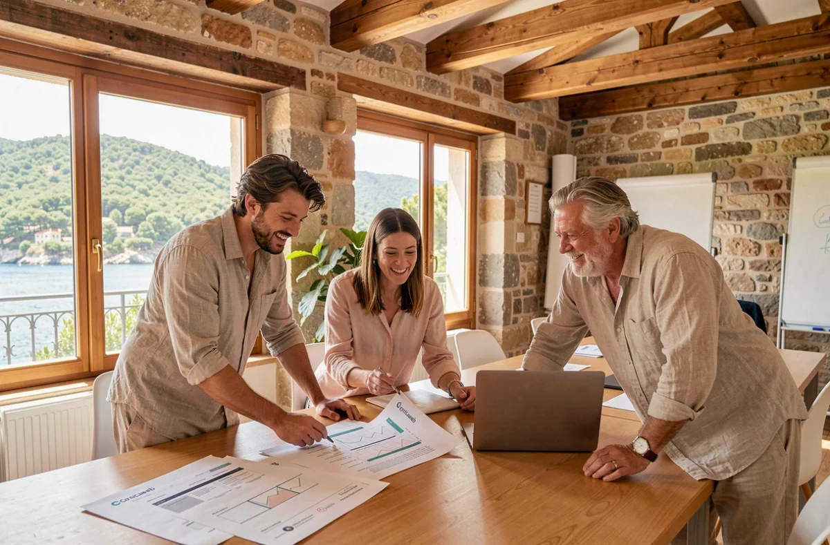Équipe de Corsicaweb réunie autour d'une table pour concevoir des sites internet en Corse
