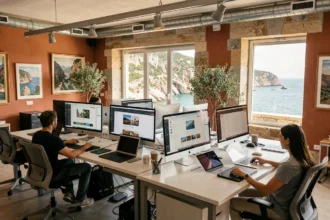 Agence de création de sites internet en Corse avec vue sur la Méditerranée et équipe de designers au travail