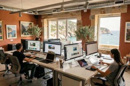 Agence de création de sites internet en Corse avec vue sur la Méditerranée et équipe de designers au travail