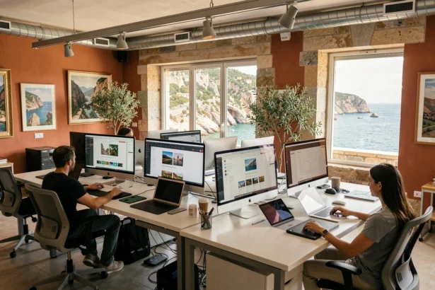 Agence de création de sites internet en Corse avec vue sur la Méditerranée et équipe de designers au travail