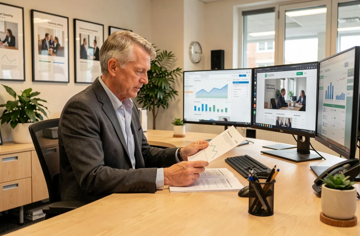 Consultant senior de GND Consulting analysant des rapports et projets de sites web dans un bureau professionnel en Corse