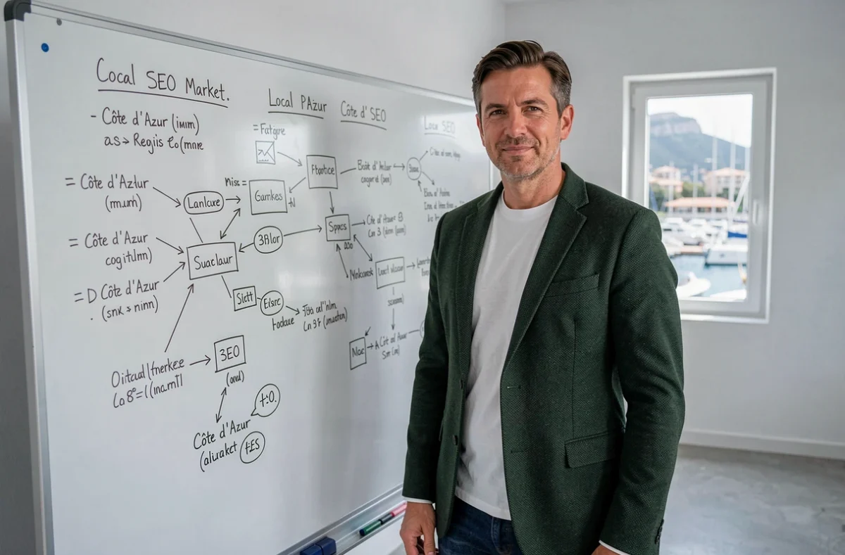 Stratège digital de l'Agence Linx debout devant un tableau blanc de planification SEO locale dans un studio créatif avec vue sur Monaco