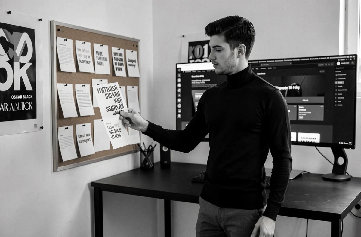 Designer de l'agence Oscar Black travaillant sur une interface web élégante en noir et blanc