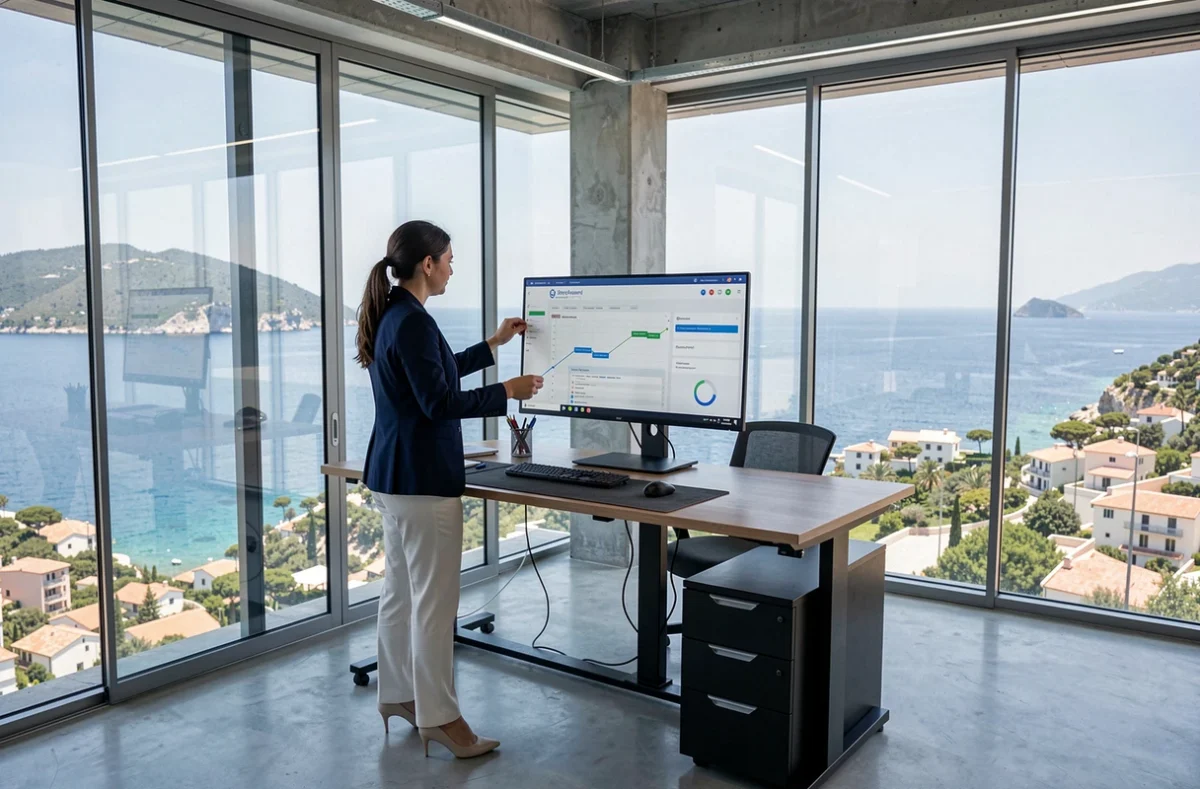 Chef de projet de Skyward Agency dans un bureau moderne avec vue panoramique sur la côte corse