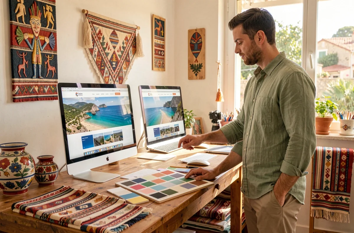 Designer de Totem Corsica travaillant sur un site touristique au cœur d'un studio aux influences corses