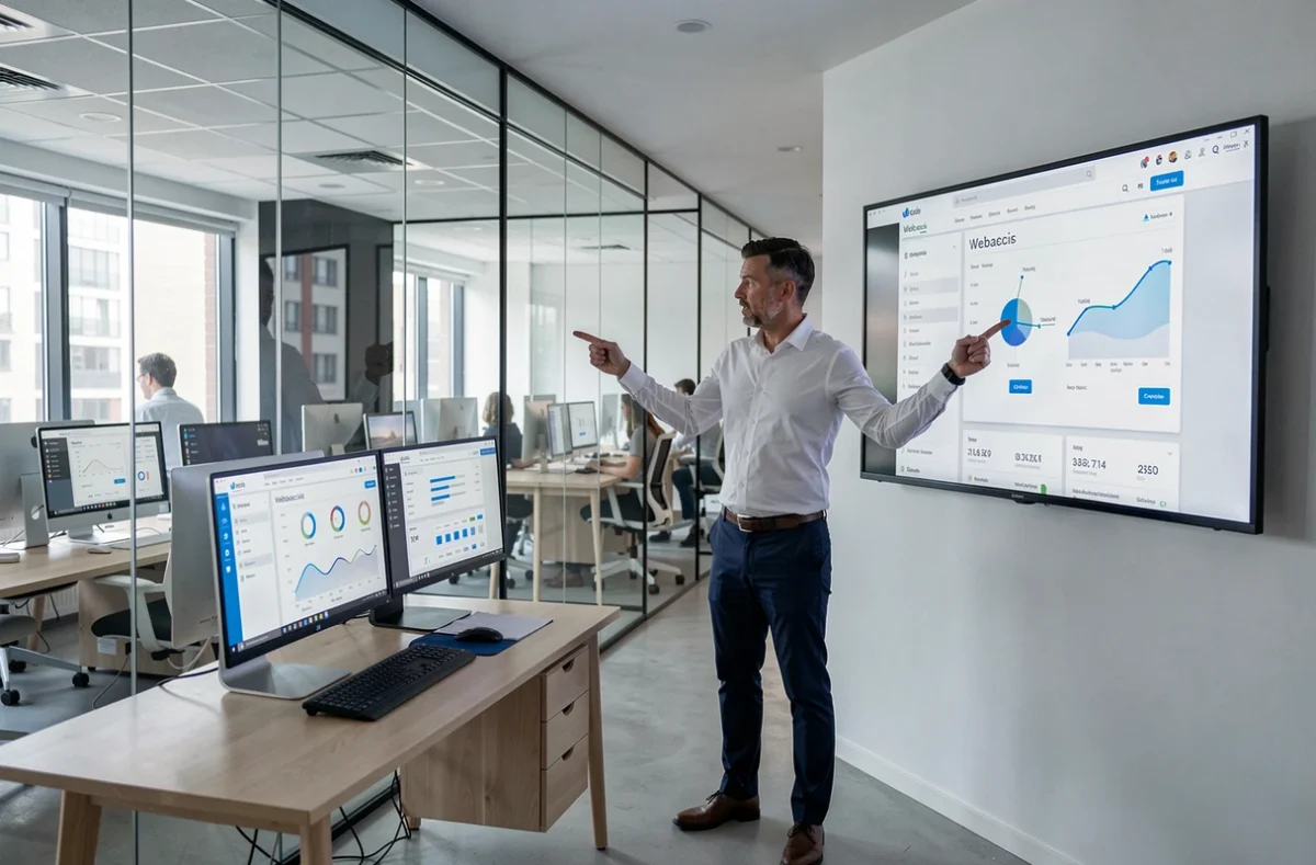Stratège digital de Webaxis présentant des données d'analyse de site web dans un bureau moderne