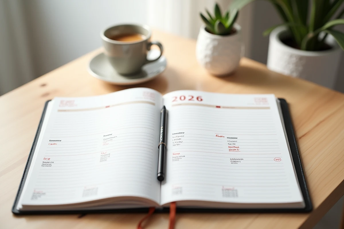 Agenda 2026 ouvert avec les jours fériés français annotés en rouge sur une table en bois clair