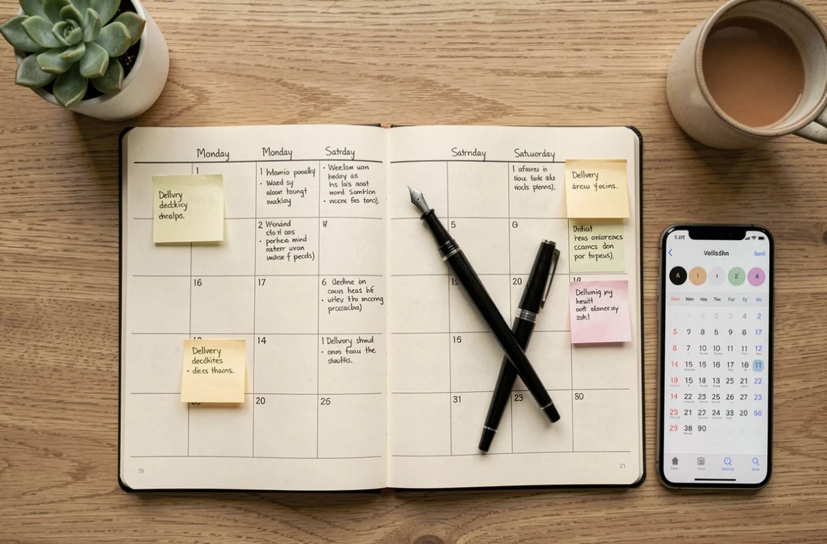 Agenda hebdomadaire avec annotations manuscrites sur les jours ouvrables et délais incluant le samedi