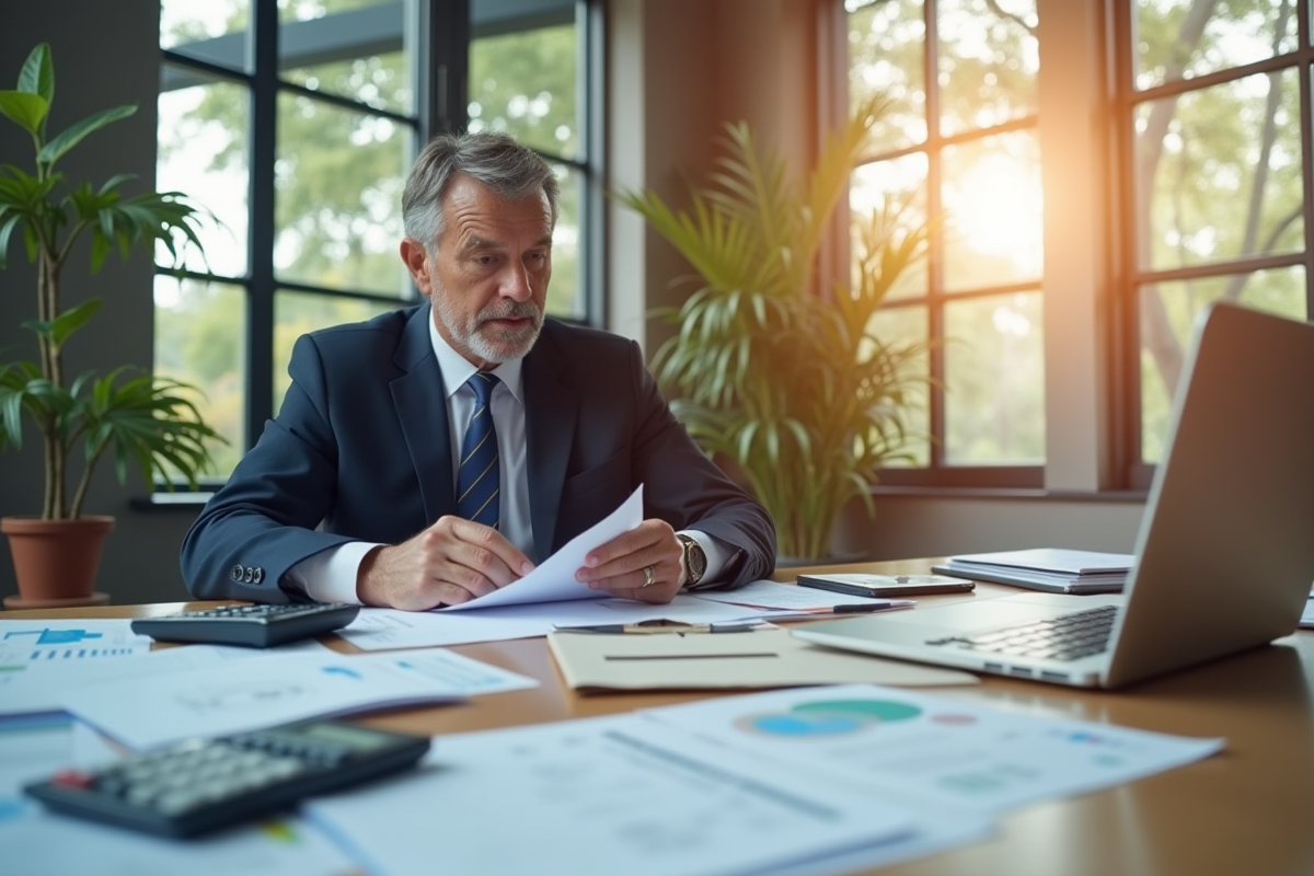 Agent immobilier professionnel dans un bureau moderne analysant des documents