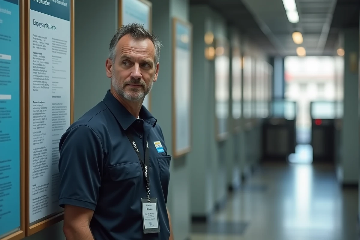 Agent RATP lisant les informations sur les aides sociales du CE RDS dans un couloir administratif