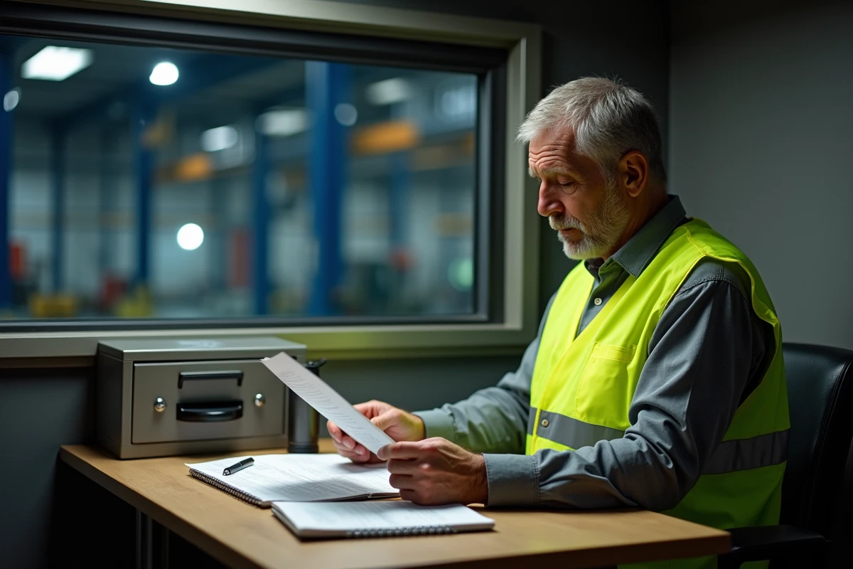Agent de sécurité industrielle vérifiant son bulletin de salaire de nuit dans un poste de garde d'usine