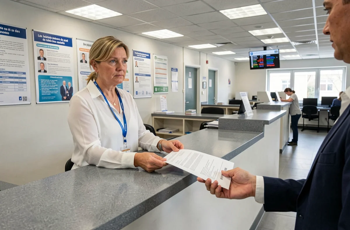 Agente du service des impôts remettant un document officiel au guichet
