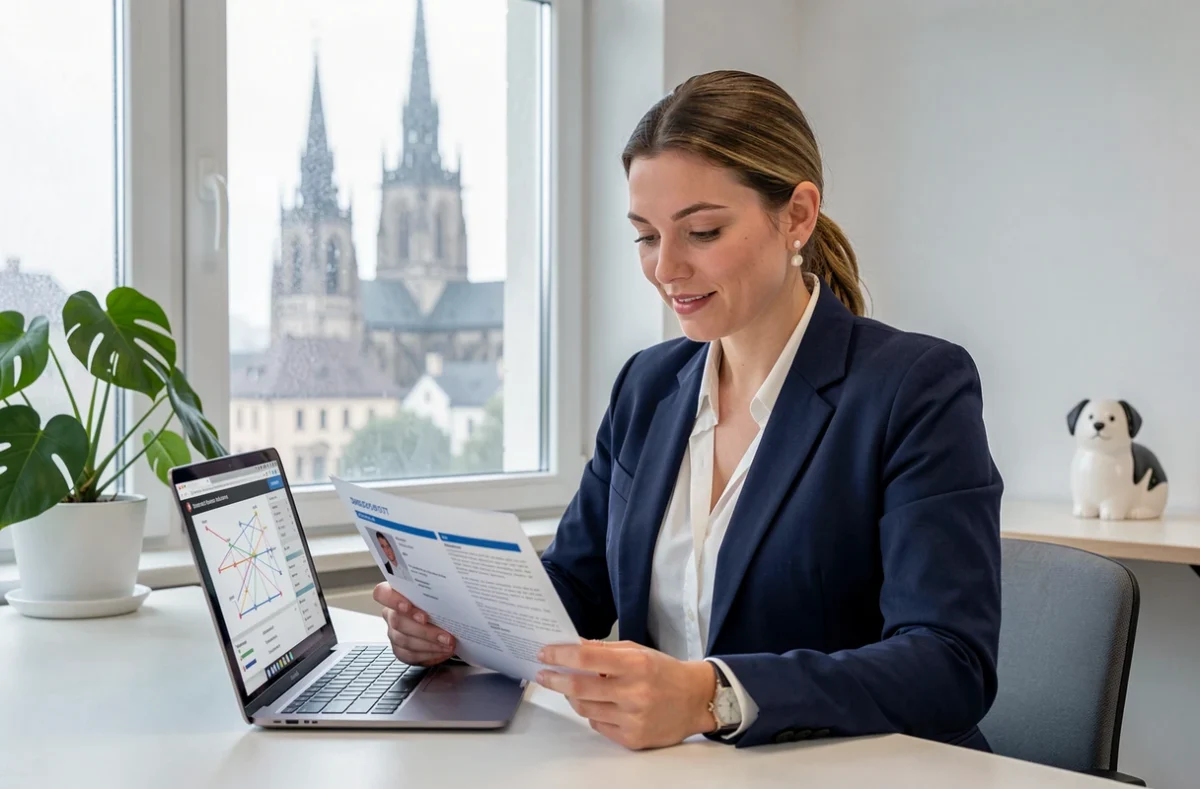 Spécialiste en recrutement supply chain assise à son bureau à Strasbourg avec la cathédrale visible en arrière-plan