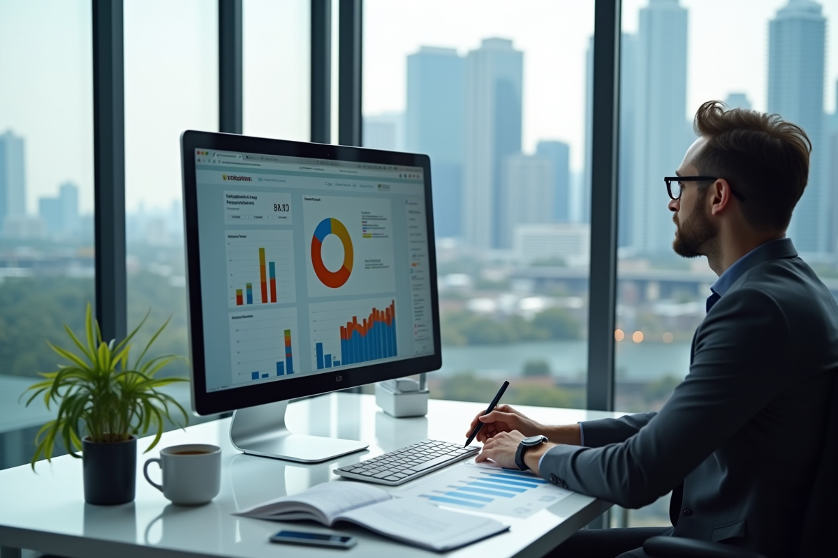 Personne analysant des statistiques sur un grand écran d'ordinateur dans un bureau lumineux