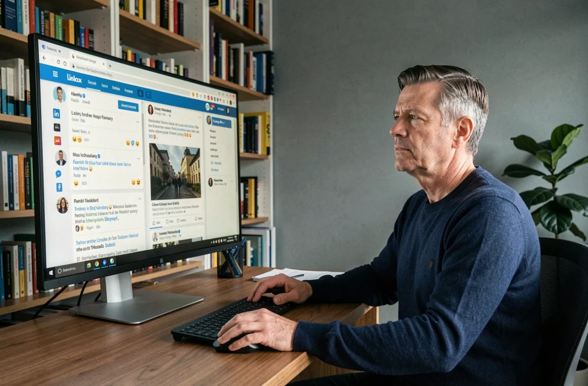 Homme analysant des posts LinkedIn avec texte en gras et emojis sur un grand écran dans un bureau à domicile