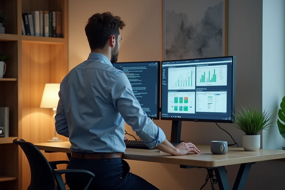 Analyste data travaillant sur un schéma de connexion BI depuis un bureau à domicile bien équipé
