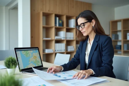 Analyste territoriale croisant des données locales avec des indicateurs économiques sur ordinateur portable et documents imprimés dans un bureau municipal moderne