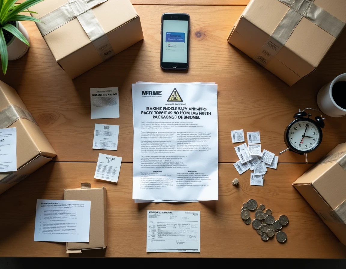 Vue aérienne d'une table avec des indices d'arnaque au travail à domicile emballage : flyer, cartons et paiement douteux