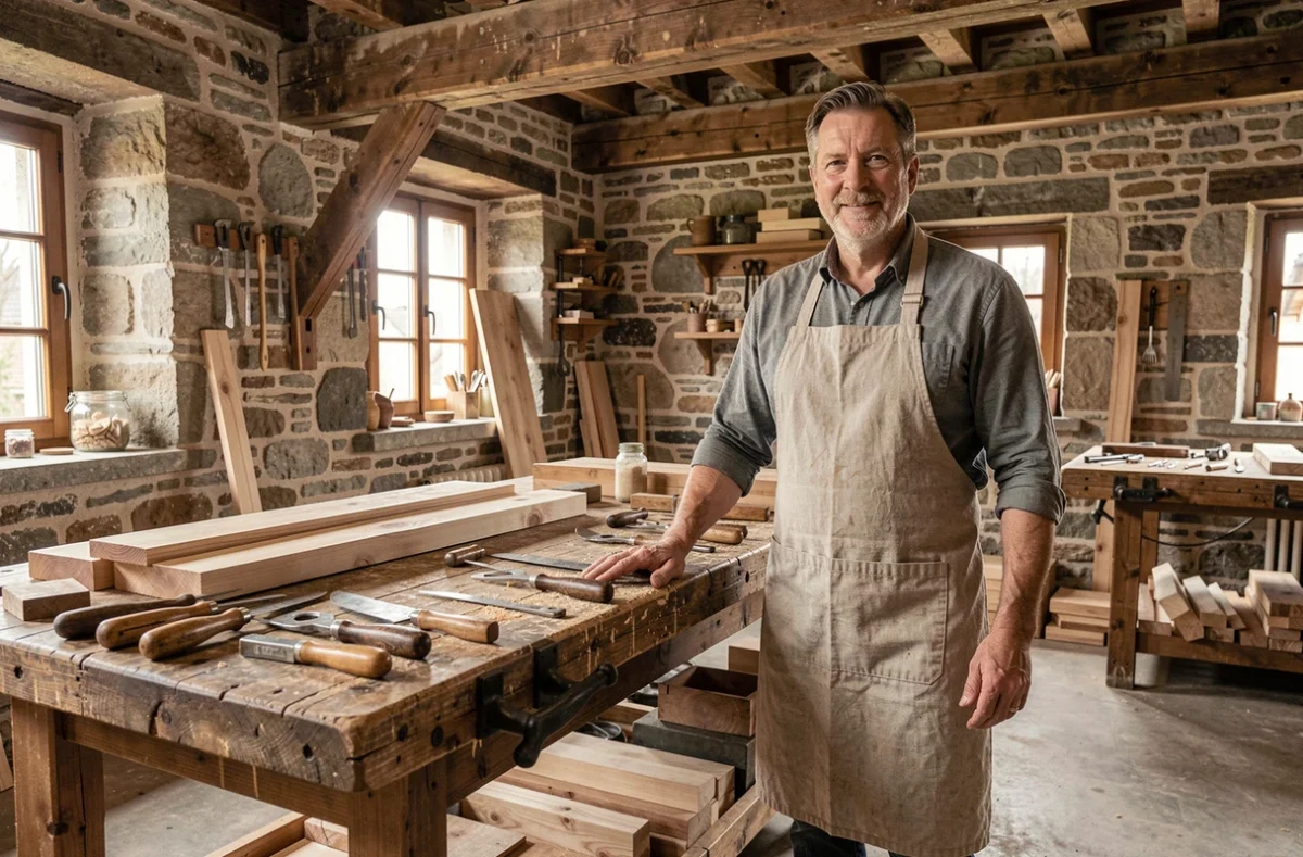 Artisan alsacien dans son atelier de Colmar entouré d'outils traditionnels et de bois