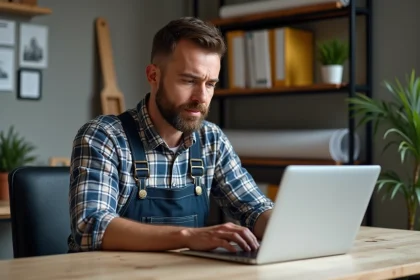 Artisan homme en bureau travaillant sur un ordinateur
