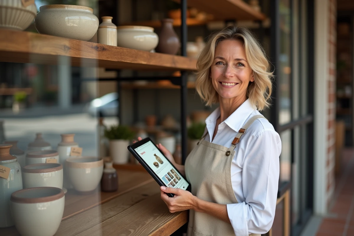 Propriétaire d'une boutique artisanale présentant sa boutique en ligne sur une tablette devant ses produits céramiques faits main