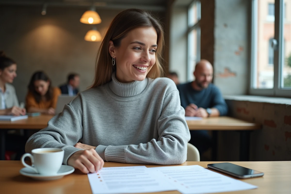 Assistante indépendante en espace de coworking évaluant l'efficacité de sa phrase d'accroche professionnelle imprimée