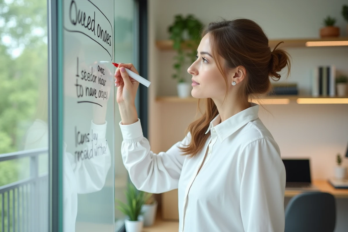 Assistante virtuelle indépendante écrivant et testant son slogan professionnel sur un tableau blanc dans son bureau épuré
