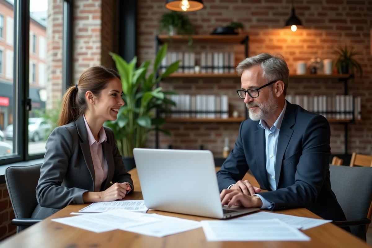 Deux associés discutant d'une offre d'assurance pour locaux professionnels dans un espace de coworking