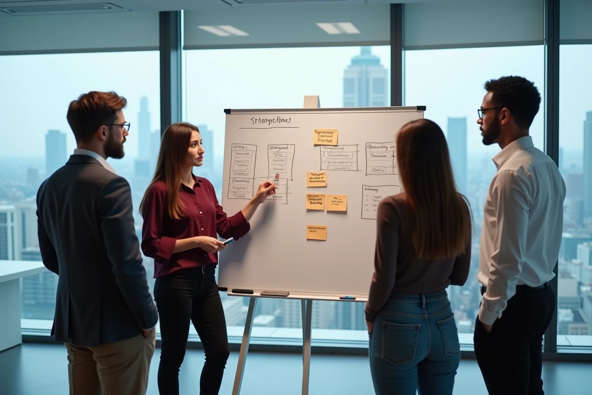 Équipe RH analysant des organigrammes et des grilles de compétences lors d'un atelier stratégique en salle de réunion, en lien avec la théorie de Peters et la gestion de l'incompétence
