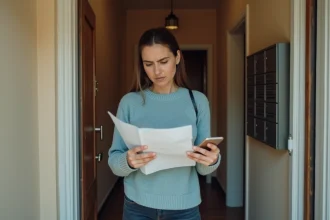 Femme tenant un avis de passage devant sa porte après une tentative de livraison manquée au hub Lieusaint