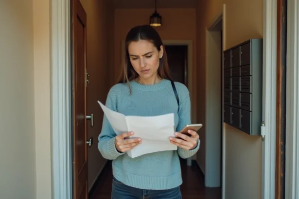 Femme tenant un avis de passage devant sa porte après une tentative de livraison manquée au hub Lieusaint