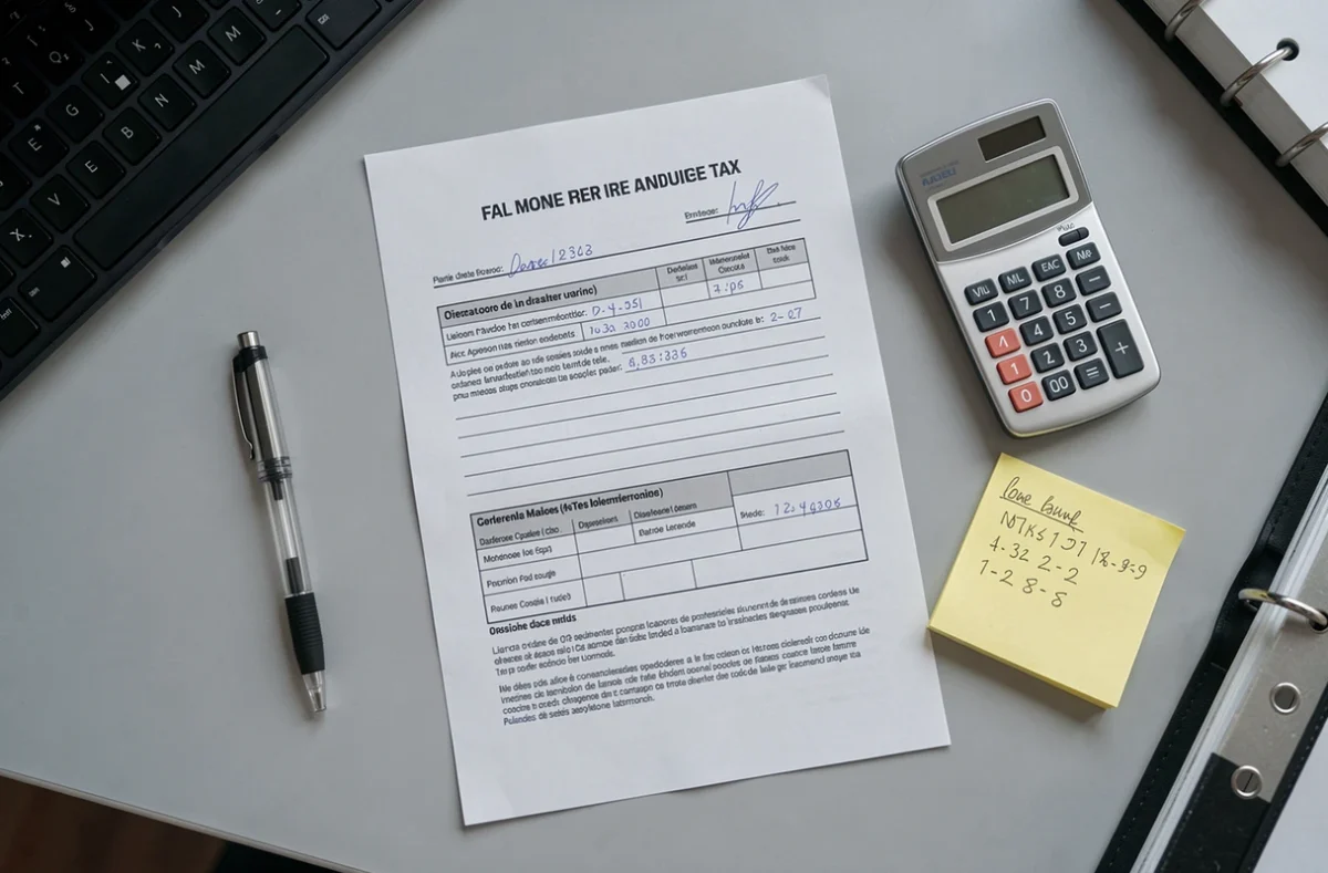 Avis d'imposition local posé sur un bureau avec calculatrice et notes manuscrites