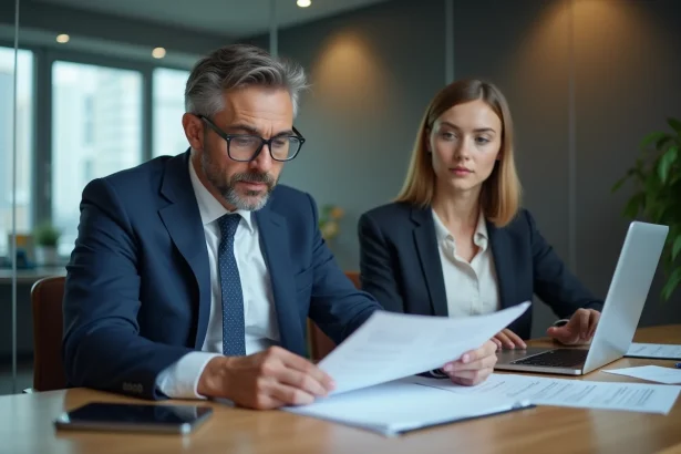 Banquier en costume examinant documents dans un bureau moderne