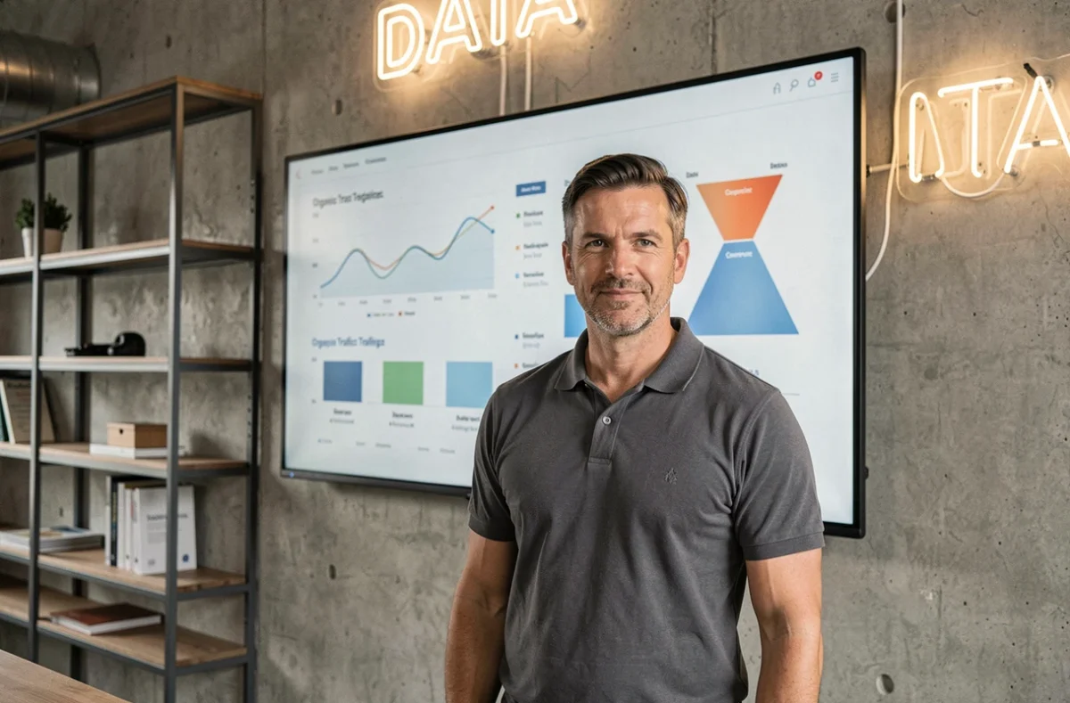 Chef de projet digital de Base Sud présentant des courbes de croissance de trafic organique devant un grand écran analytique dans un studio moderne à Cannes