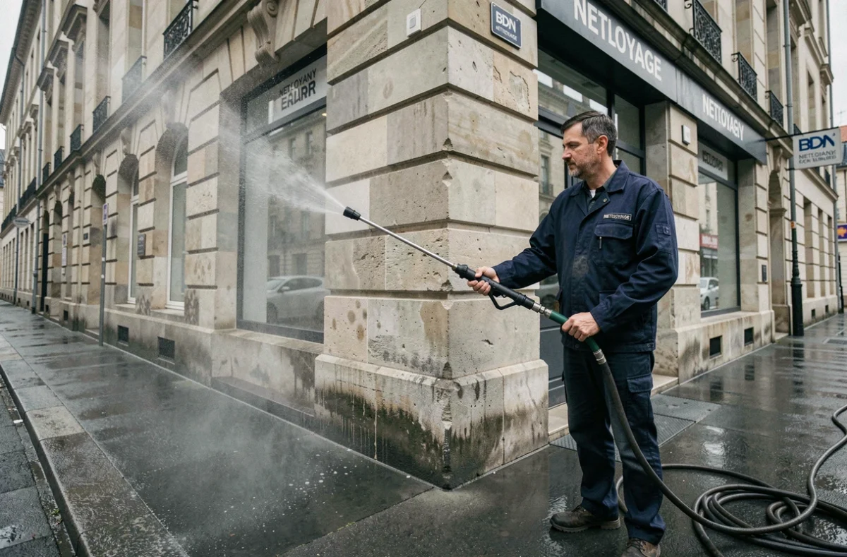 Agent BDN Nettoyage réalisant un nettoyage haute pression sur la façade d'un bâtiment normand