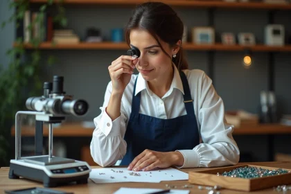 Bijouti&egrave;re professionnelle examinant un diamant avec loupe