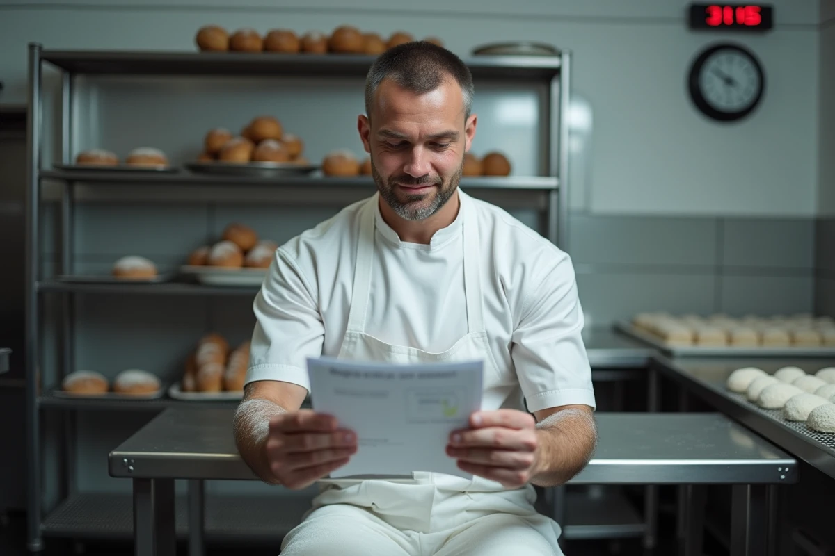 Boulanger en tenue professionnelle lisant sa fiche de paie avec les majorations de nuit dans une boulangerie artisanale