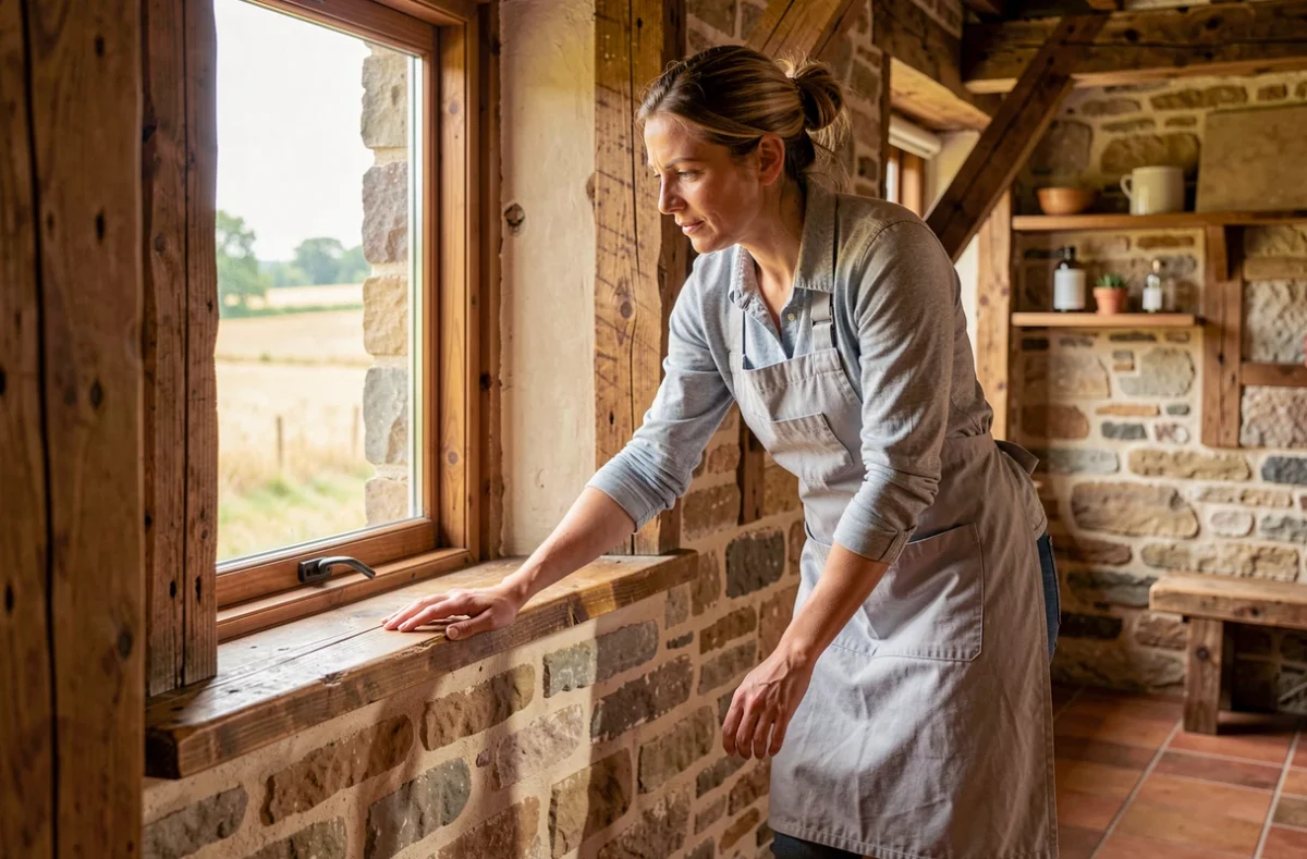 Spécialiste Bozon Habitat nettoyant l'intérieur d'une maison normande en pierre avec poutres apparentes