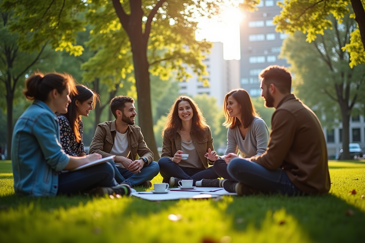 Équipe en brainstorming dans un parc urbain ensoleille