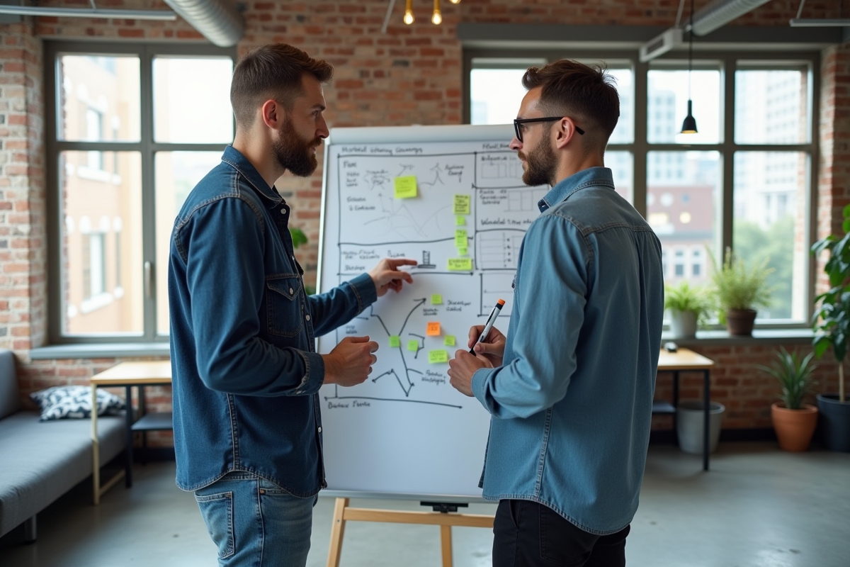 Deux hommes en brainstorming dans un espace de coworking dynamique