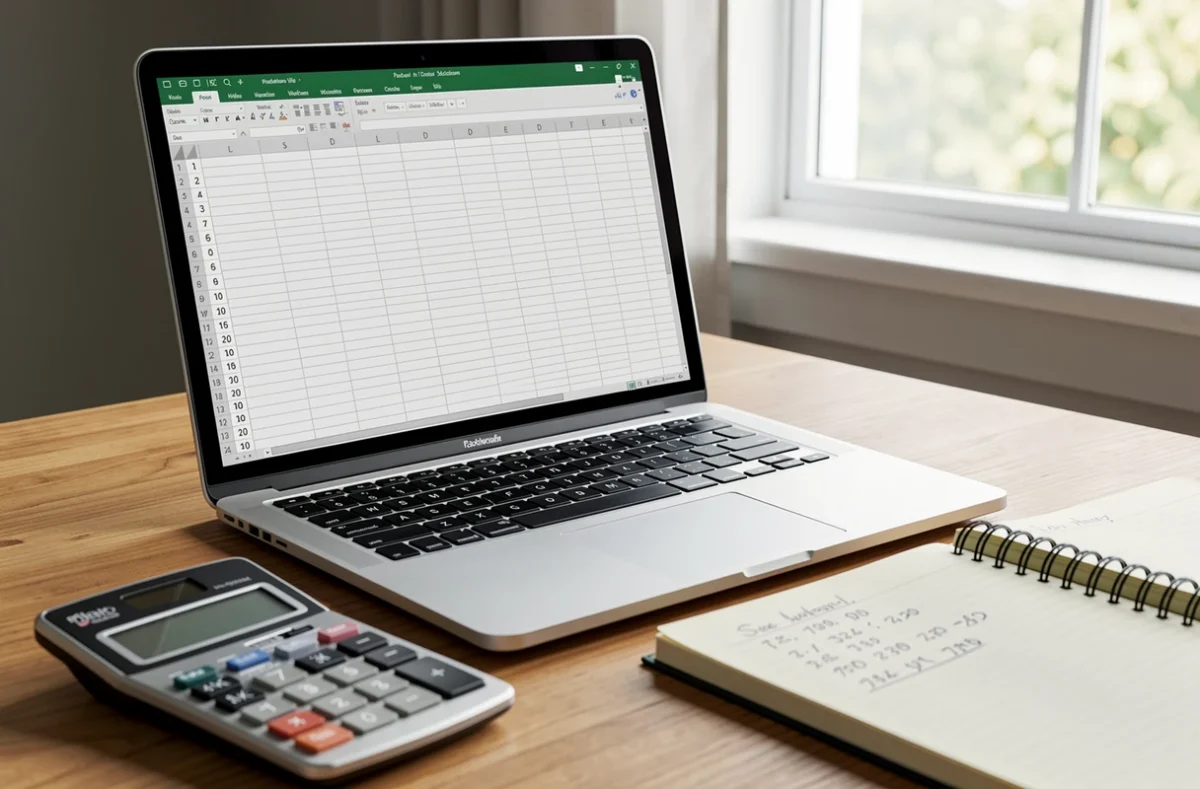 Bureau avec ordinateur, calculatrice et carnet pour calculer un taux