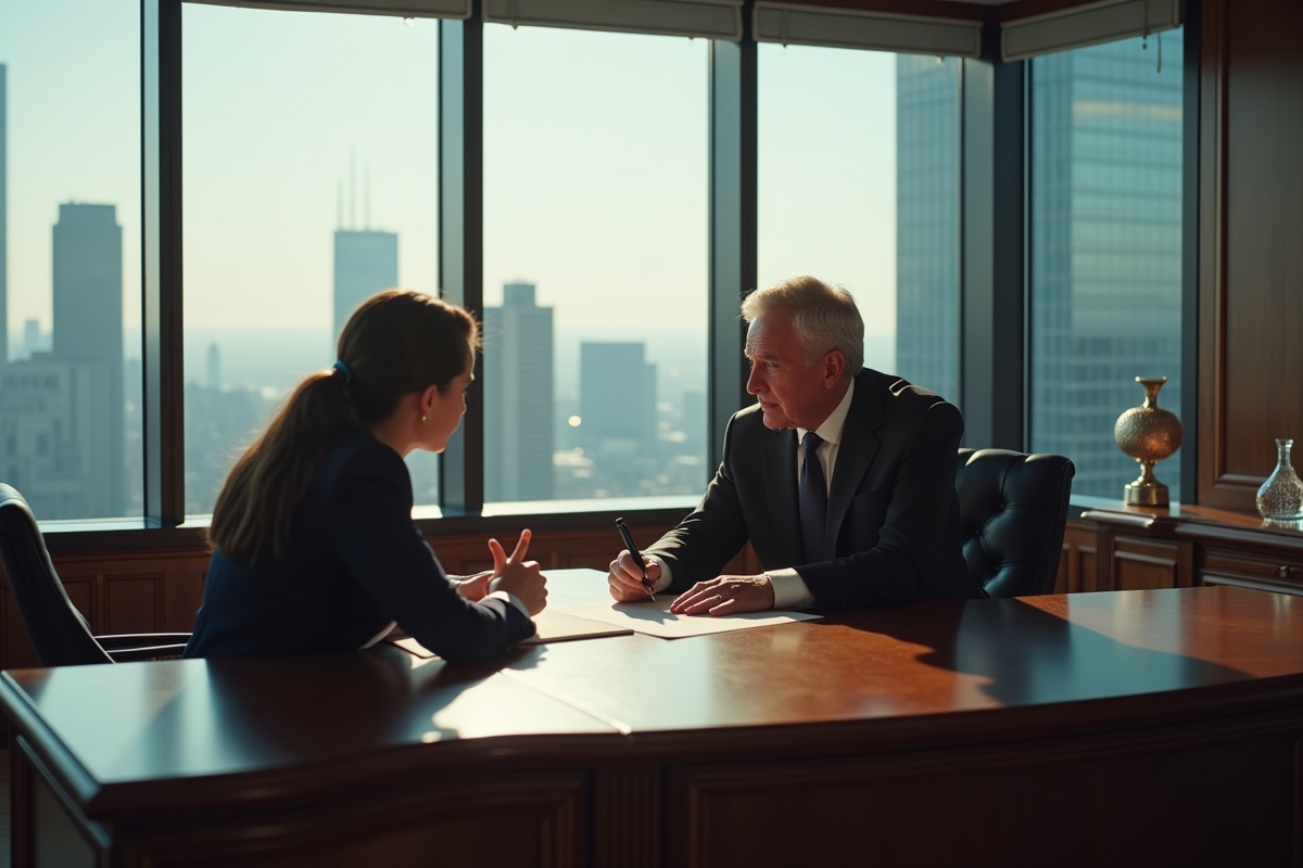 Bureau de banque privée avec vue sur la ville et un homme d'affaires