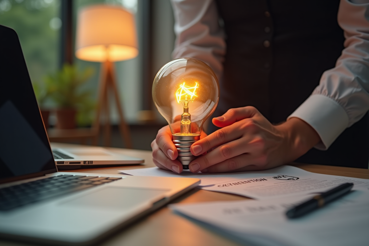 Bureau moderne avec inventeur tenant une ampoule lumineuse