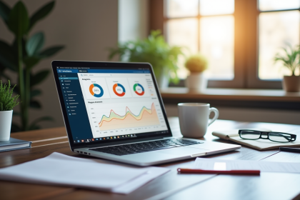 Bureau moderne avec ordinateur affichant un tableau de bord SEO