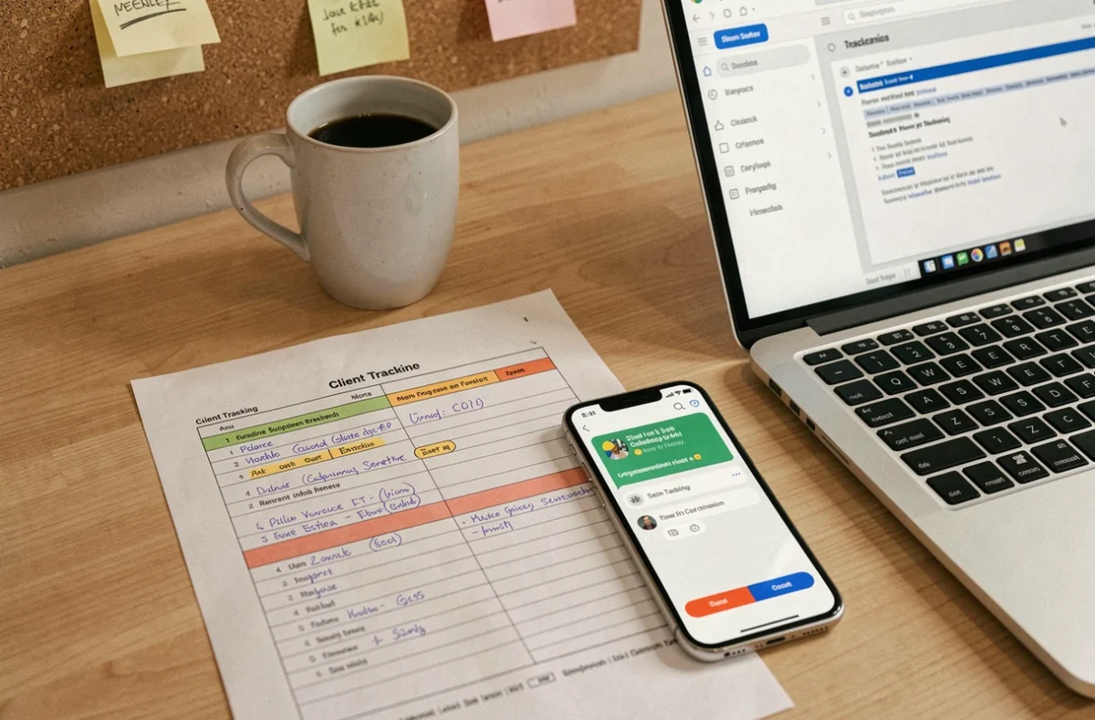 Bureau de conseiller ADL avec fiche de suivi client annotée, smartphone et interface de relance par email