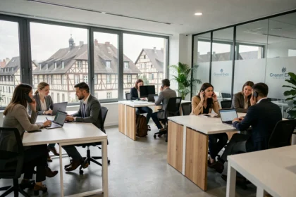 Vue d'un cabinet de recrutement moderne dans le Grand Est avec des consultants au travail devant des fenêtres donnant sur une ville alsacienne
